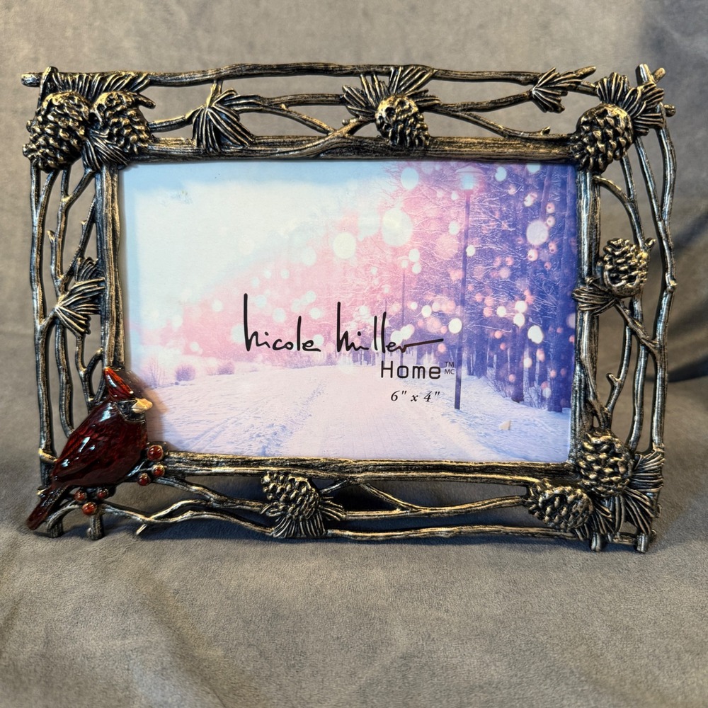 Nicole Miller Home Cardinal Pinecone Branch Picture Frame 4x6 Silver Red Rustic